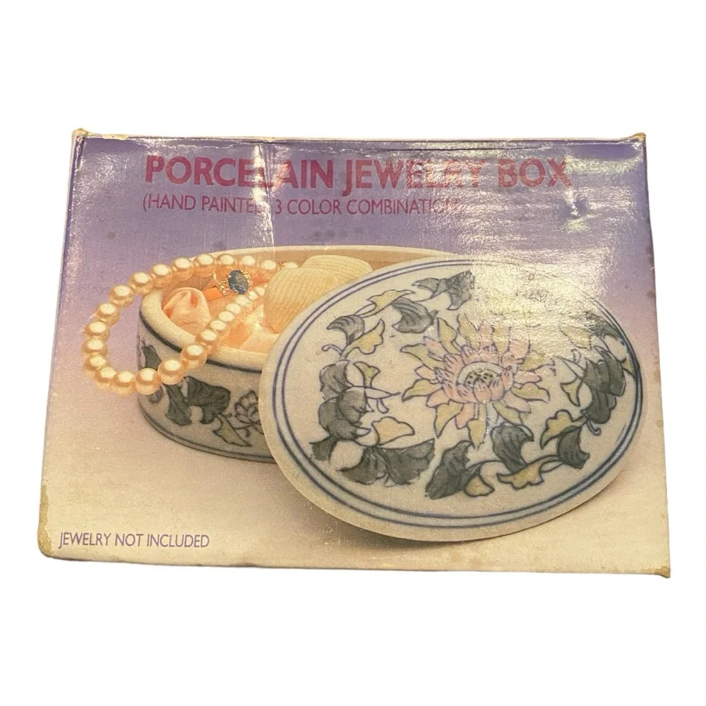 Vintage Chinoiserie Porcelain Oval Trinket Box Mint in Box Floral Blue Pink